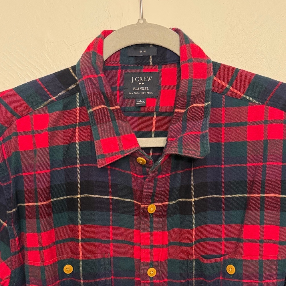 J. Crew Men's Red and Green Plaid Flannel Shirt
